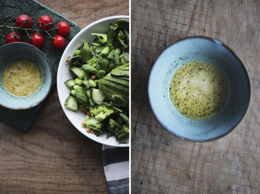 Grön sallad med linser och broccoli, senapsdressing